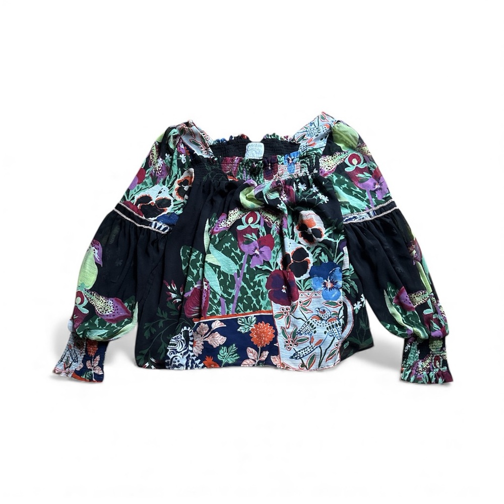 Floral Women’s Top- Multicolor Puff Sleeves indie granola medium
